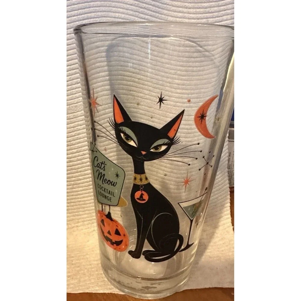 2- 16 oz Retro Halloween Black Cat Cocktail Glass, Heavy Pilsner Beer Glass